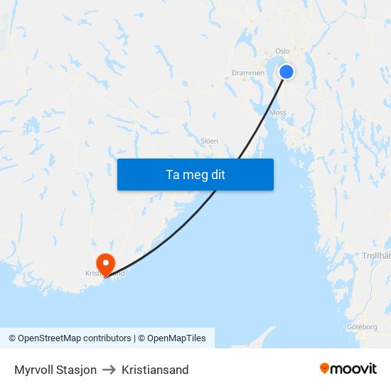 Myrvoll Stasjon to Kristiansand map