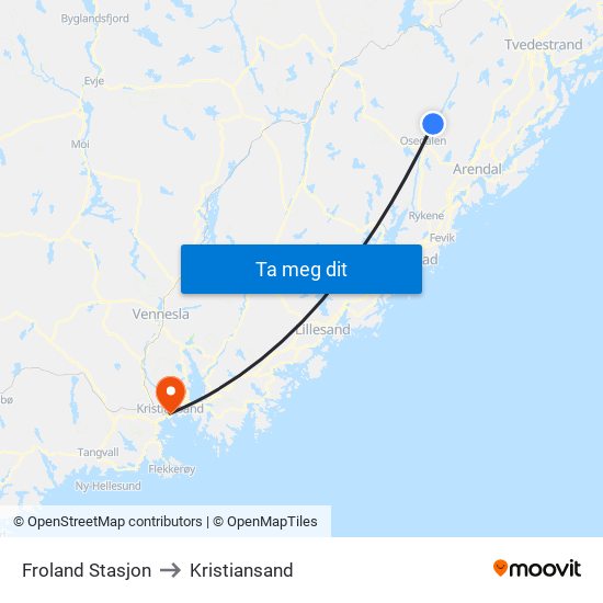 Froland Stasjon to Kristiansand map