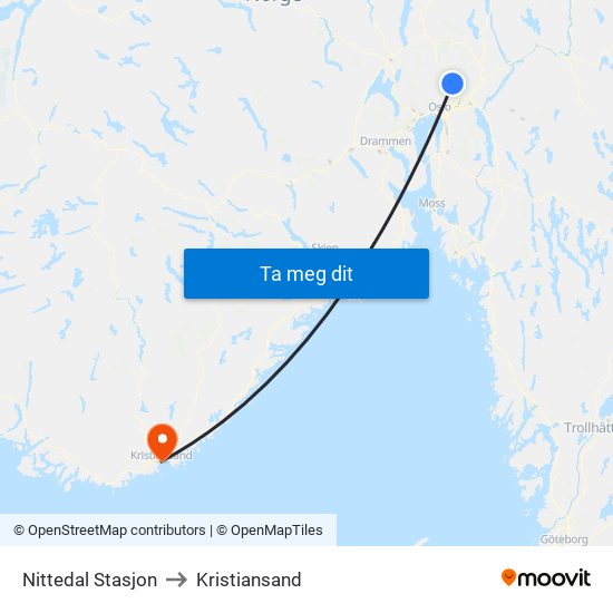 Nittedal Stasjon to Kristiansand map