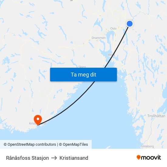 Rånåsfoss Stasjon to Kristiansand map