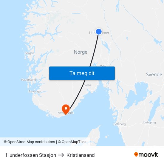 Hunderfossen Stasjon to Kristiansand map