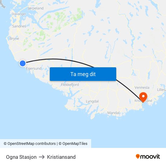 Ogna Stasjon to Kristiansand map
