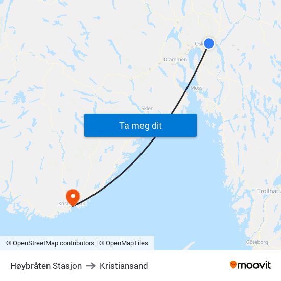 Høybråten Stasjon to Kristiansand map