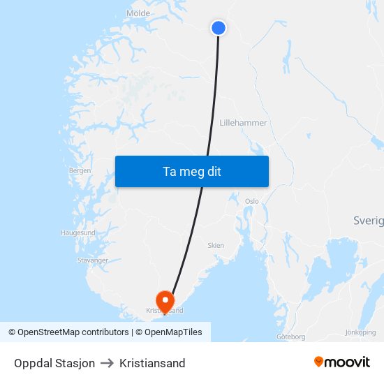 Oppdal Stasjon to Kristiansand map