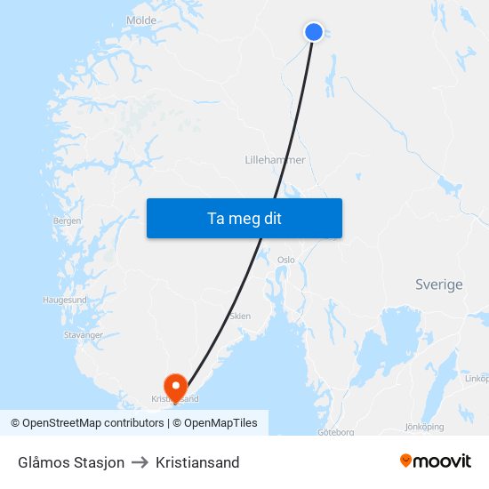 Glåmos Stasjon to Kristiansand map