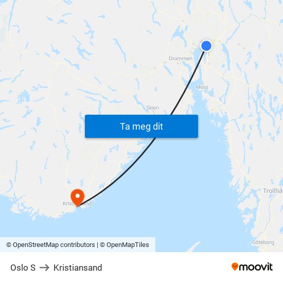 Oslo S to Kristiansand map