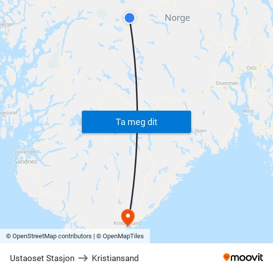 Ustaoset Stasjon to Kristiansand map