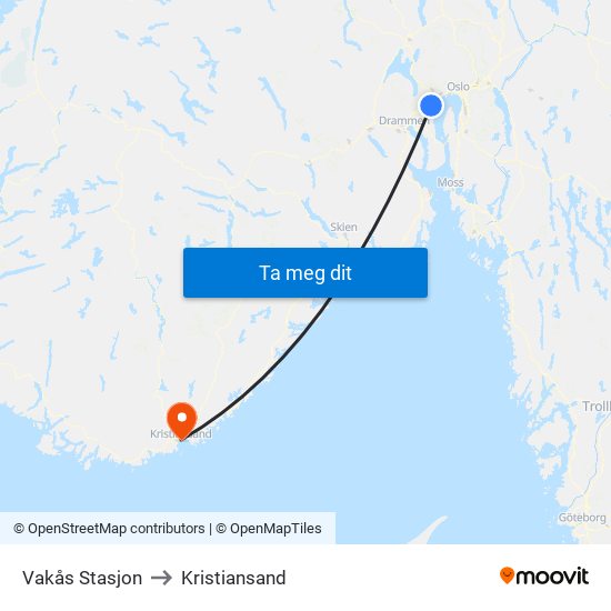 Vakås Stasjon to Kristiansand map