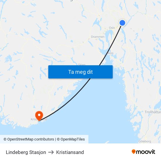 Lindeberg Stasjon to Kristiansand map