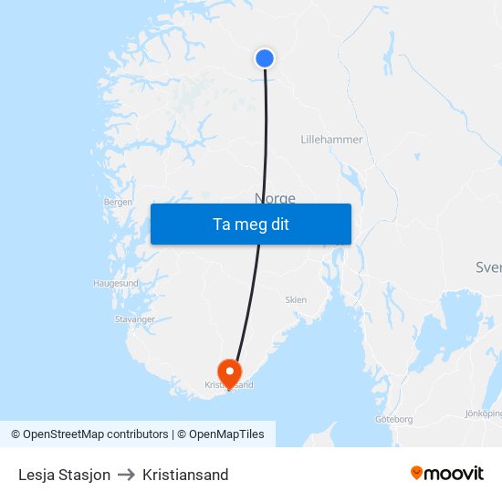 Lesja Stasjon to Kristiansand map