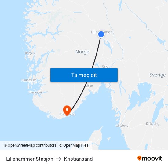 Lillehammer Stasjon to Kristiansand map