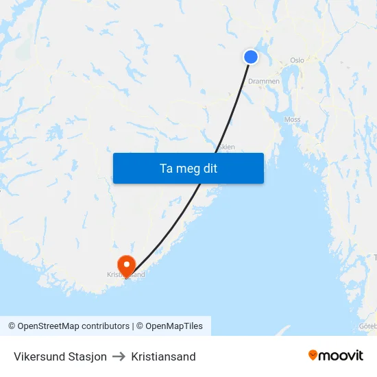 Vikersund Stasjon to Kristiansand map