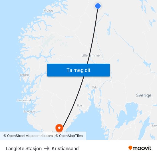 Langlete Stasjon to Kristiansand map