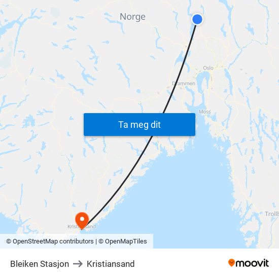 Bleiken Stasjon to Kristiansand map