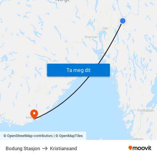 Bodung Stasjon to Kristiansand map