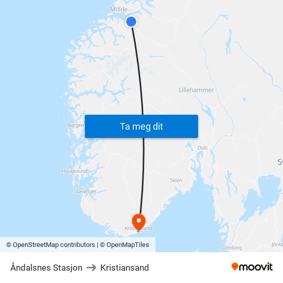 Åndalsnes Stasjon to Kristiansand map