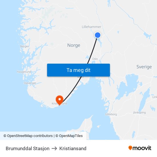 Brumunddal Stasjon to Kristiansand map