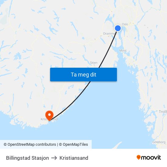 Billingstad Stasjon to Kristiansand map