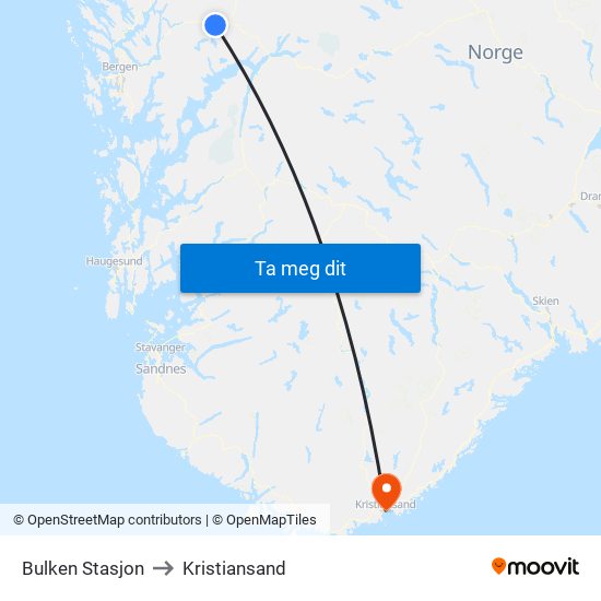 Bulken Stasjon to Kristiansand map