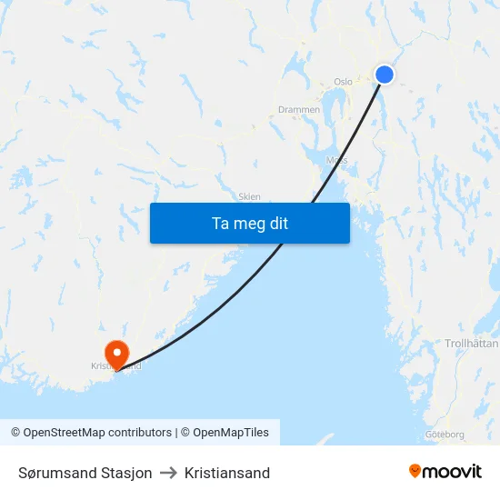 Sørumsand Stasjon to Kristiansand map