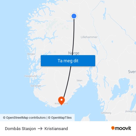Dombås Stasjon to Kristiansand map