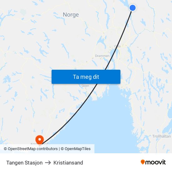 Tangen Stasjon to Kristiansand map