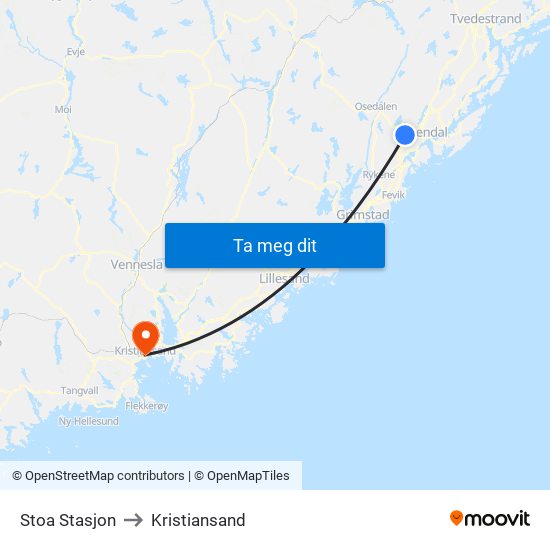 Stoa Stasjon to Kristiansand map
