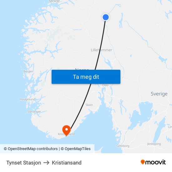 Tynset Stasjon to Kristiansand map
