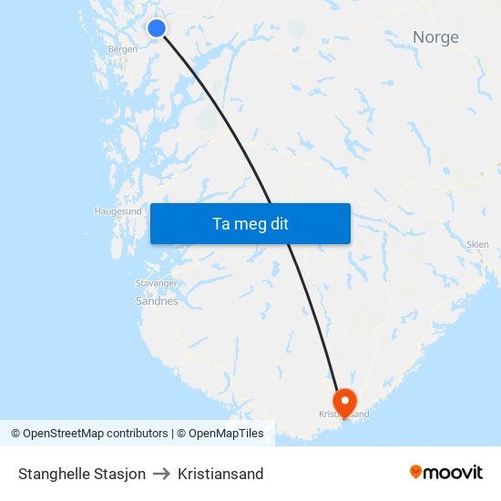 Stanghelle Stasjon to Kristiansand map