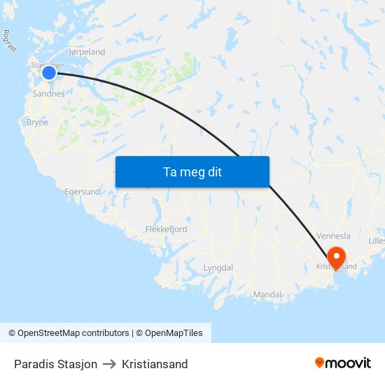 Paradis Stasjon to Kristiansand map