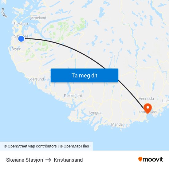 Skeiane Stasjon to Kristiansand map