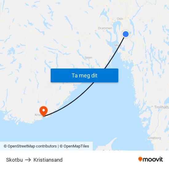 Skotbu to Kristiansand map