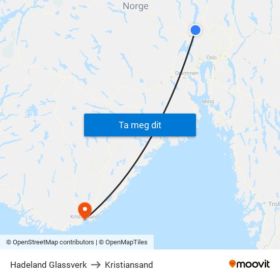 Hadeland Glassverk to Kristiansand map