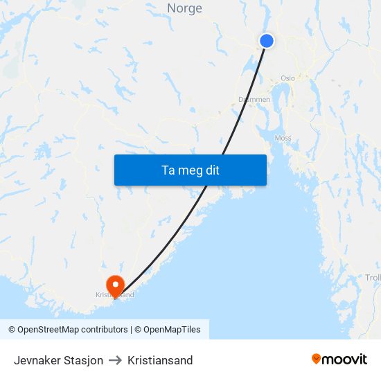 Jevnaker Stasjon to Kristiansand map