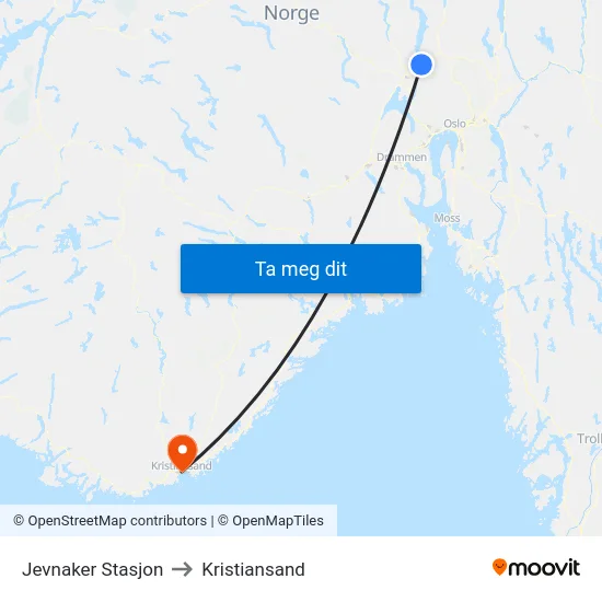 Jevnaker Stasjon to Kristiansand map