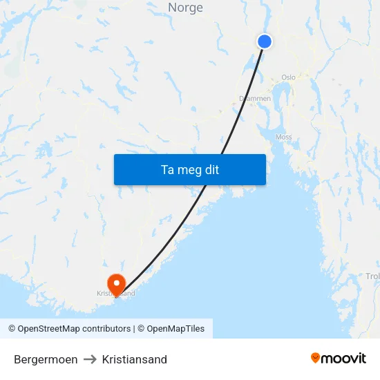 Bergermoen to Kristiansand map