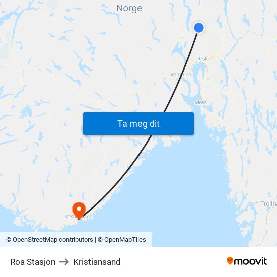Roa Stasjon to Kristiansand map