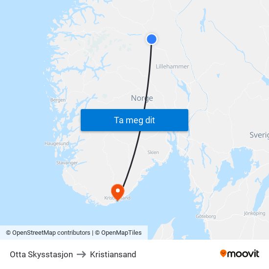 Otta Skysstasjon to Kristiansand map