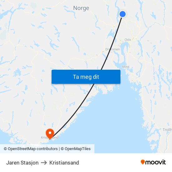 Jaren Stasjon to Kristiansand map