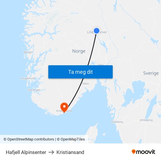 Hafjell Alpinsenter to Kristiansand map