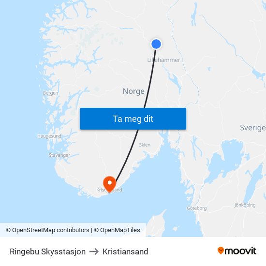 Ringebu Skysstasjon to Kristiansand map