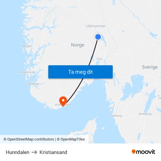 Hunndalen to Kristiansand map