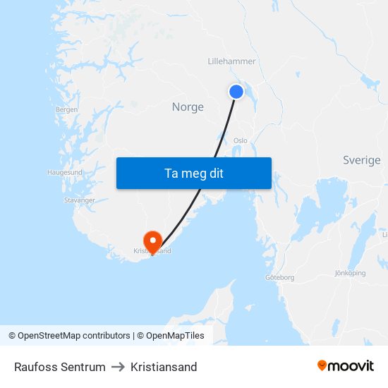 Raufoss Sentrum to Kristiansand map