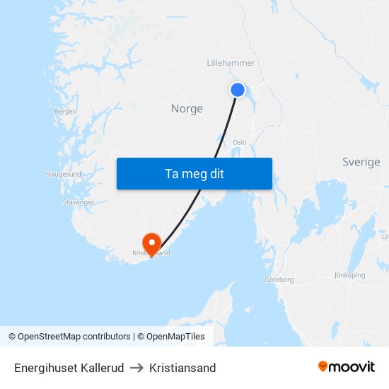 Energihuset Kallerud to Kristiansand map