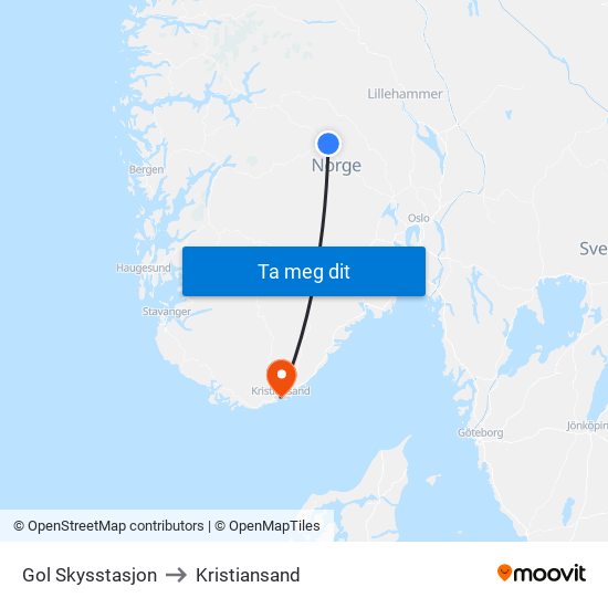 Gol Skysstasjon to Kristiansand map