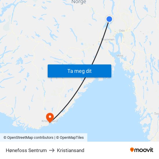 Hønefoss Sentrum to Kristiansand map