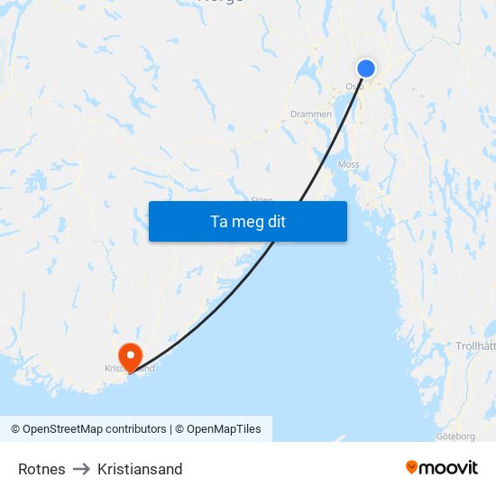 Rotnes to Kristiansand map