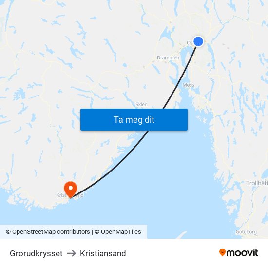 Grorudkrysset to Kristiansand map