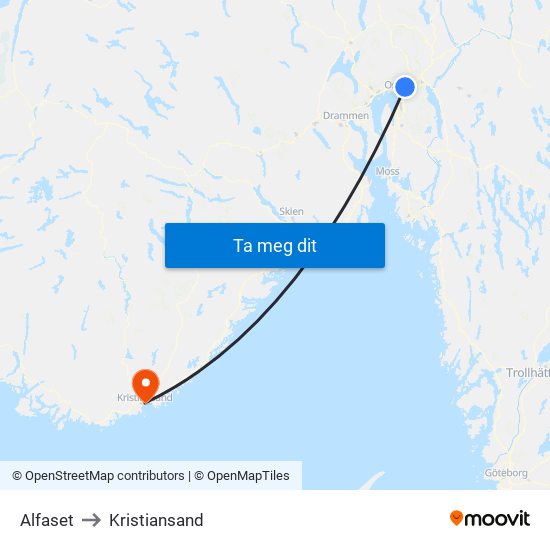 Alfaset to Kristiansand map