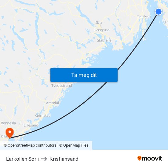 Larkollen Sørli to Kristiansand map